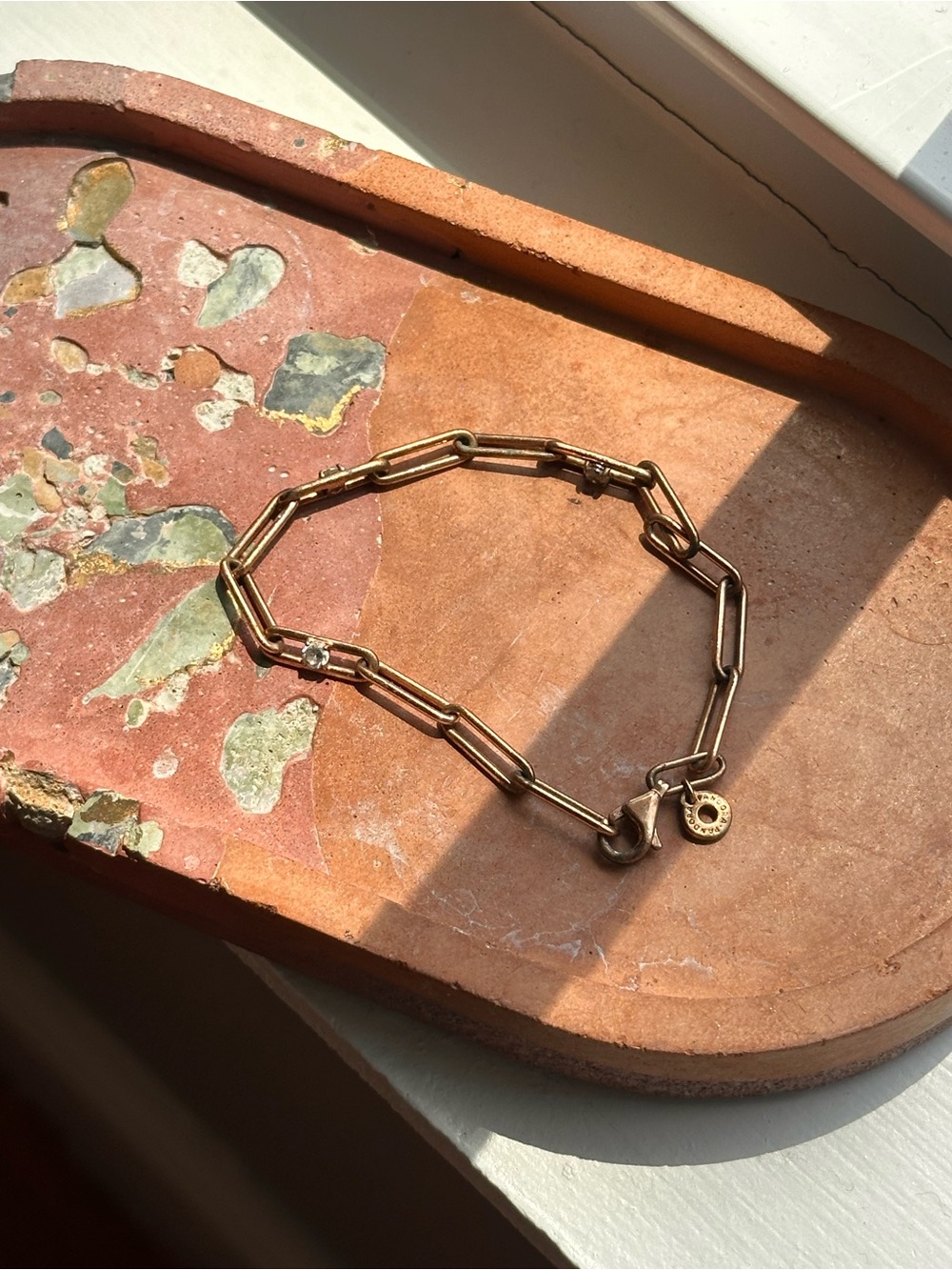 Pandora Vintage Ruined Rose Gold Link Charm Bracelet with 3 Rhinestones